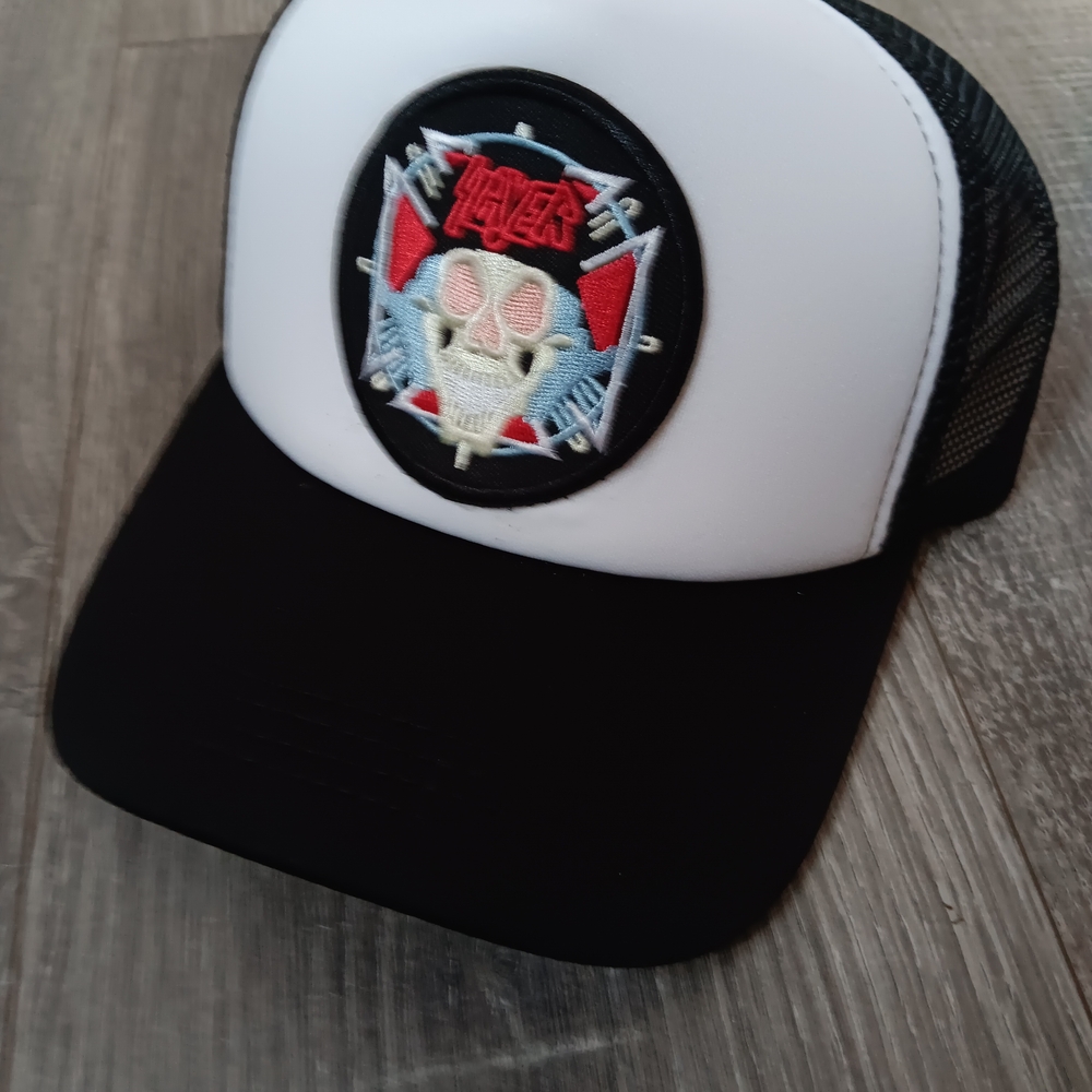 Slayer White and Black Trucker Hat with Skull Patch